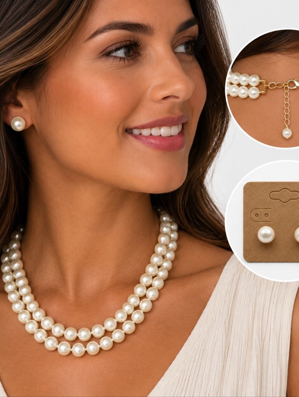 💎 Double Strand Faux Pearl Necklace & Stud Earrings Set Gold Tone Classic